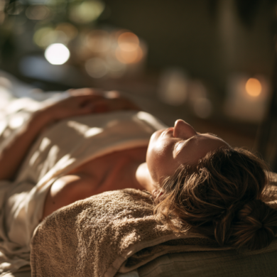 female laying down on top of massage table, relaxing and receiving remote energy healing